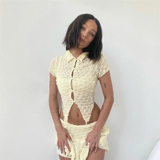 Sexy 2pc Set Short Sleeve Hollow Out Button Tops Fashion Elastic Waist Skirt Suit Fashion Casual Party Clubwear Outfits Hot Sale Apricot