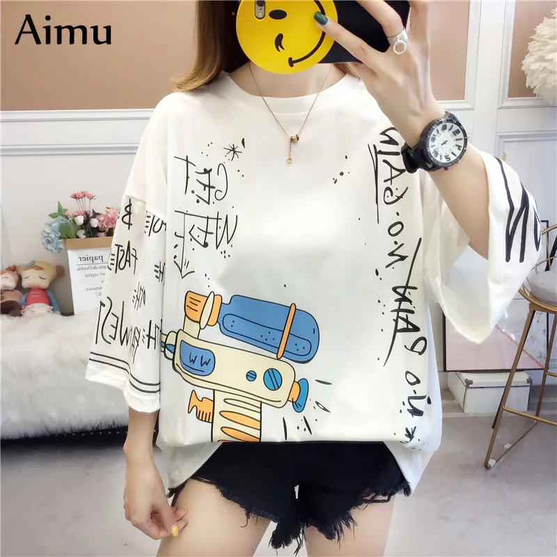 Korean funny printing T shirts Women O Neck All match oversized t shirt