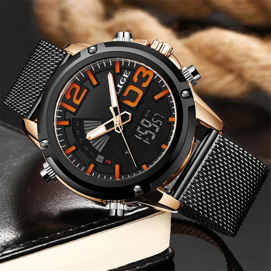 LIGE аналоговые цифровые мужские часы Топ люксовый бренд из нержавеющей стали спортивные часы мужские модные водонепроницаемые наручные часы мужские+ коробка