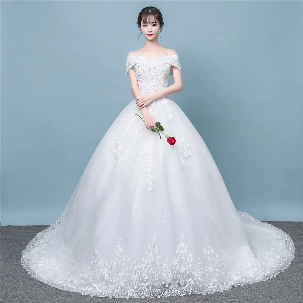 Белый Женское роскошное кружевное свадебное платье с открытыми плечами vestido de noiva/свободное платье/халат de mariee - Цвет: Белый