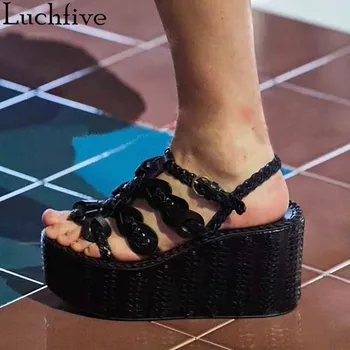 

Weave Belt Open Toe Women Sandals High Wedges Shoes Woman Ankle Buckle Strap Outwear Summer Black Party Shoes