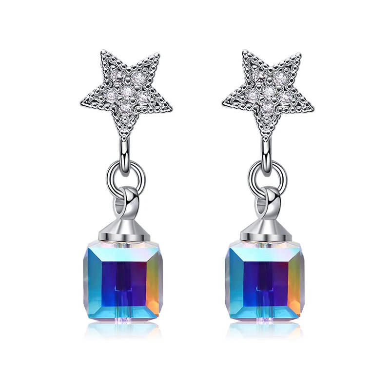 Warme Farben Crystal from Swarovski Earrings for Women S925 Sliver Square Cube Crystal Drop Earrings Korean Earrings Brincos - Цвет камня: Многоцветный