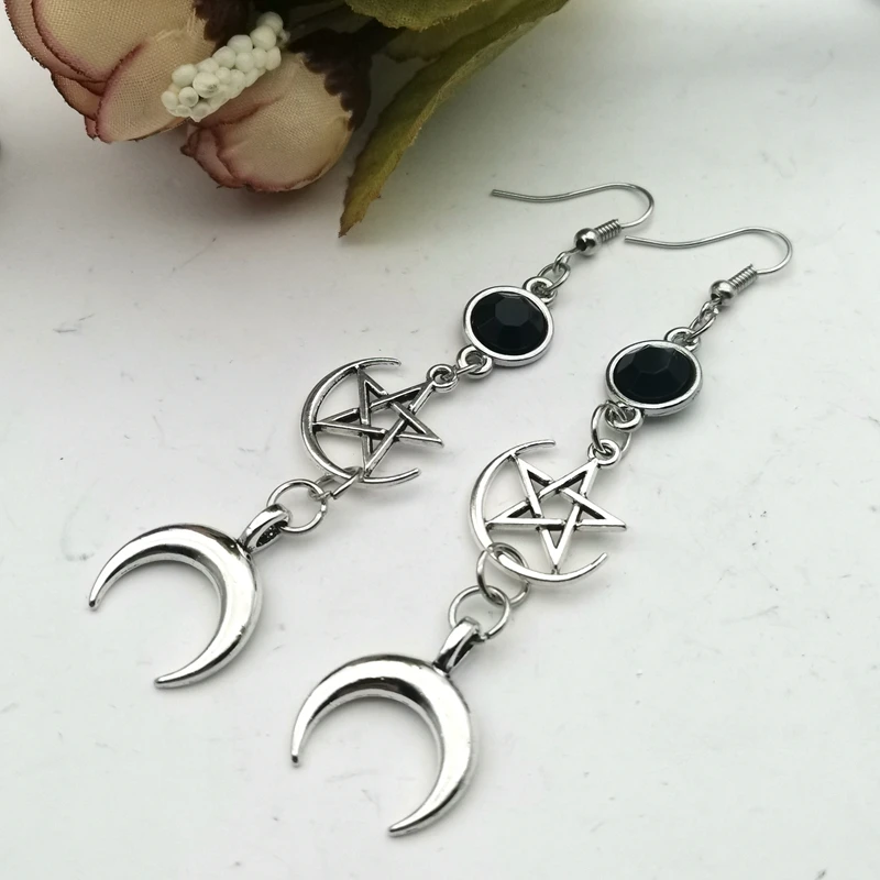 Birthstone Earrings Jewelry Crescent Celestial Goddess Pentagram Black Witch Gothic And