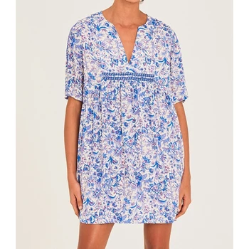 

Summer Womens Dress Pleated Short Sleeve Floral Printing V-neck Loose 2020 New Lady Mini Dresses Female Clothes