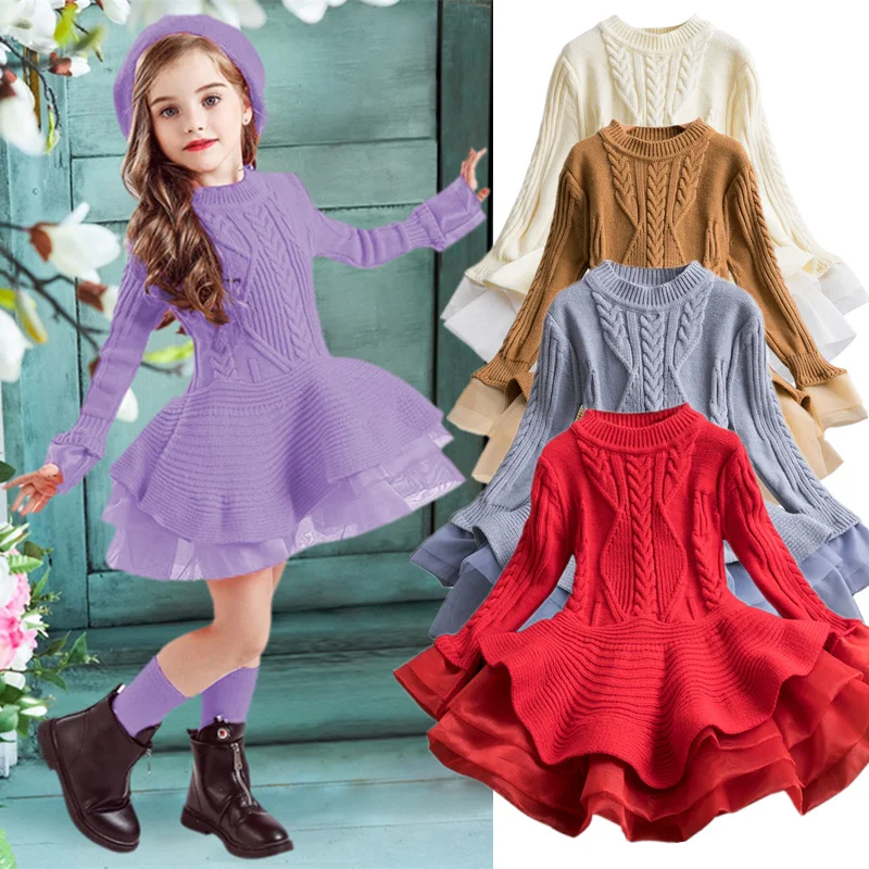 Long Sleeve Sweater Dresses For Girls Winter Knitted Thick Princess Dress Children 3 4 5 6 7 8 Years Christmas Party Costume | Детская