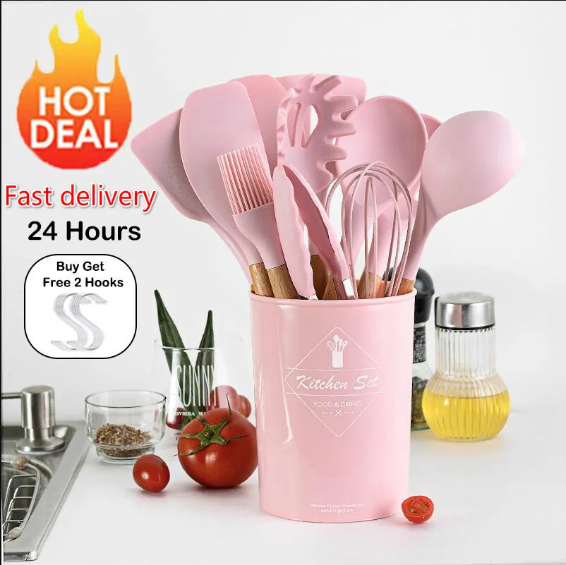 

9/10/12PCS Silicone Cooking Utensils Set Non-stick Spatula Shovel Wooden Handle Cooking Tools Set With Storage Box Kitchen Tools