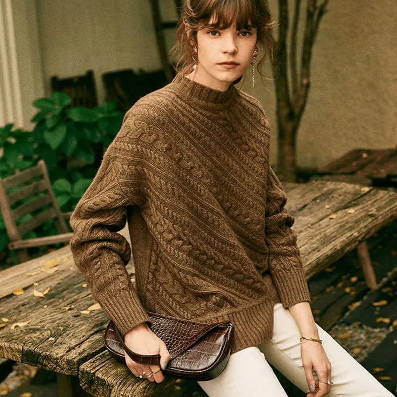 

wool sweater female half-high collar oblique twisted loose loose lazy wind wool bottoming sweater women knitted pullover