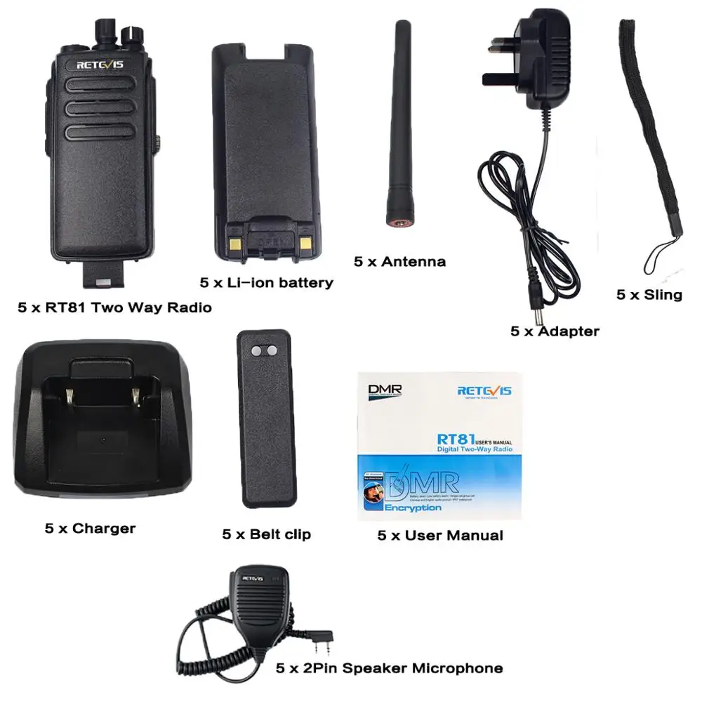 5 шт. DMR RETEVIS RT81 10 Вт IP67 Пылезащитная Водонепроницаемая рация 32CH UHF шифрование Профессиональное двухстороннее радио+ 5 шт микрофон