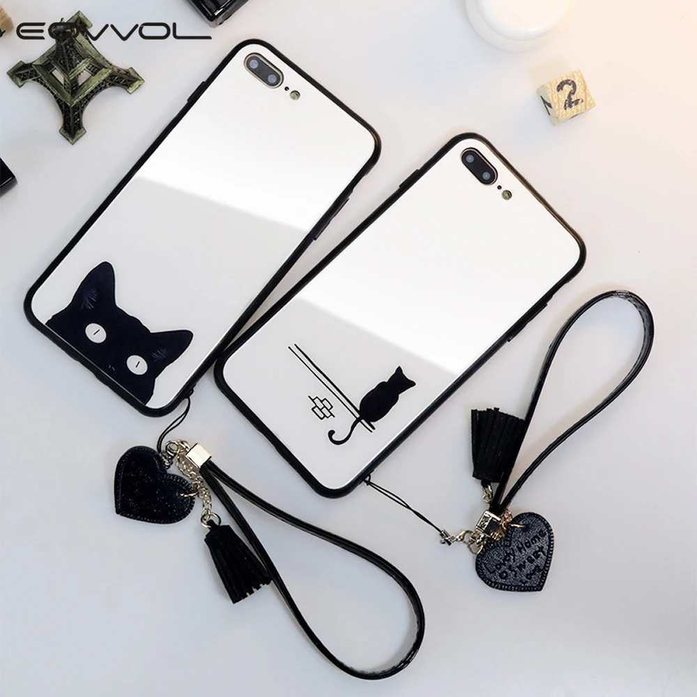 

Cute Cat Tempered Glass Case For iPhone 11 Pro MAX X XR XS MAX 7 8 6 6S Plus Bumper Shockproof Cover Fundas With Tassel Lanyard