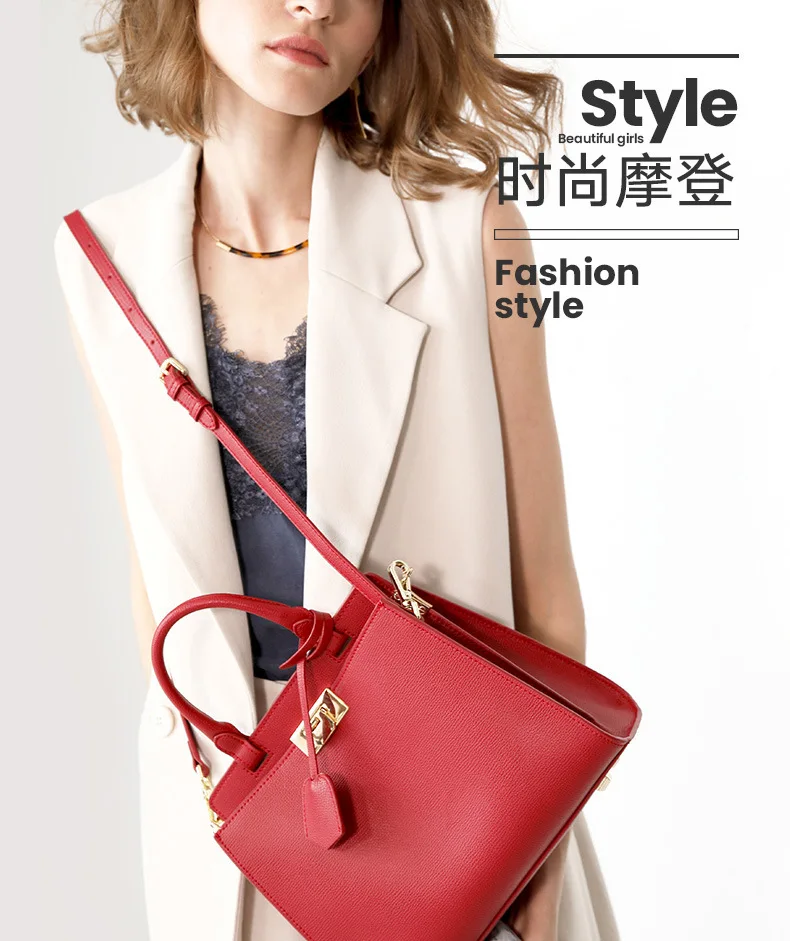 Fashon Women Totes Cow Genuine Leather Handbag Ladies Shoulder Memssage Bag Red