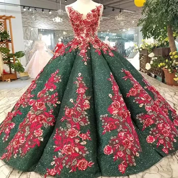 

BGW 2021216ht Green Party Dress Red 3D Flower V-neck Floor Length Evening Dress Long Factory Wholesale Ball Gown Prom Dress 2019