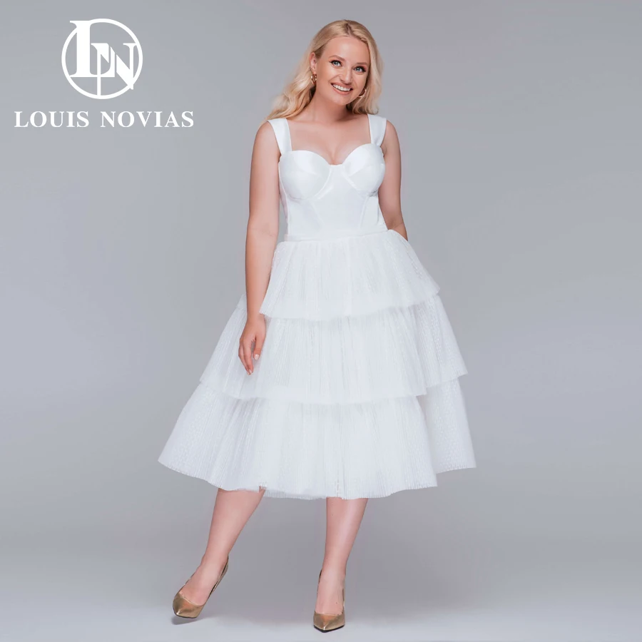 

Женское свадебное платье в горошек LOUIS NOVIAS, атласное платье средней длины с широкими бретельками и оборками, фатиновое платье для невесты