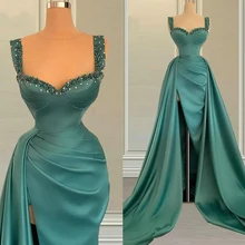 

Green Spaghetti Straps Formal Evening Dress 2021 Arabic Aso Ebi Satin Ruched Split Prom Gowns Beaded Formal Party Dress