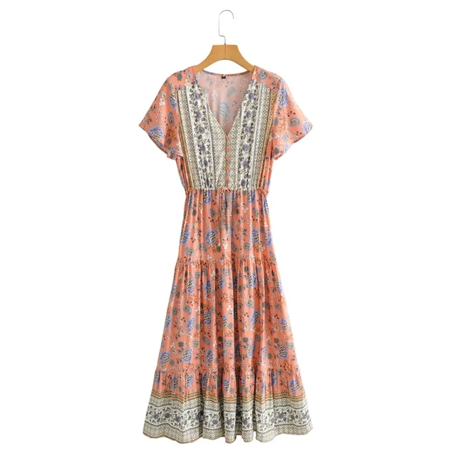 Vintage chic women Floral print short sleeve Bohemian maxi dresses Ladies deep V neck rayon cotton sashes Boho dress vestidos 4