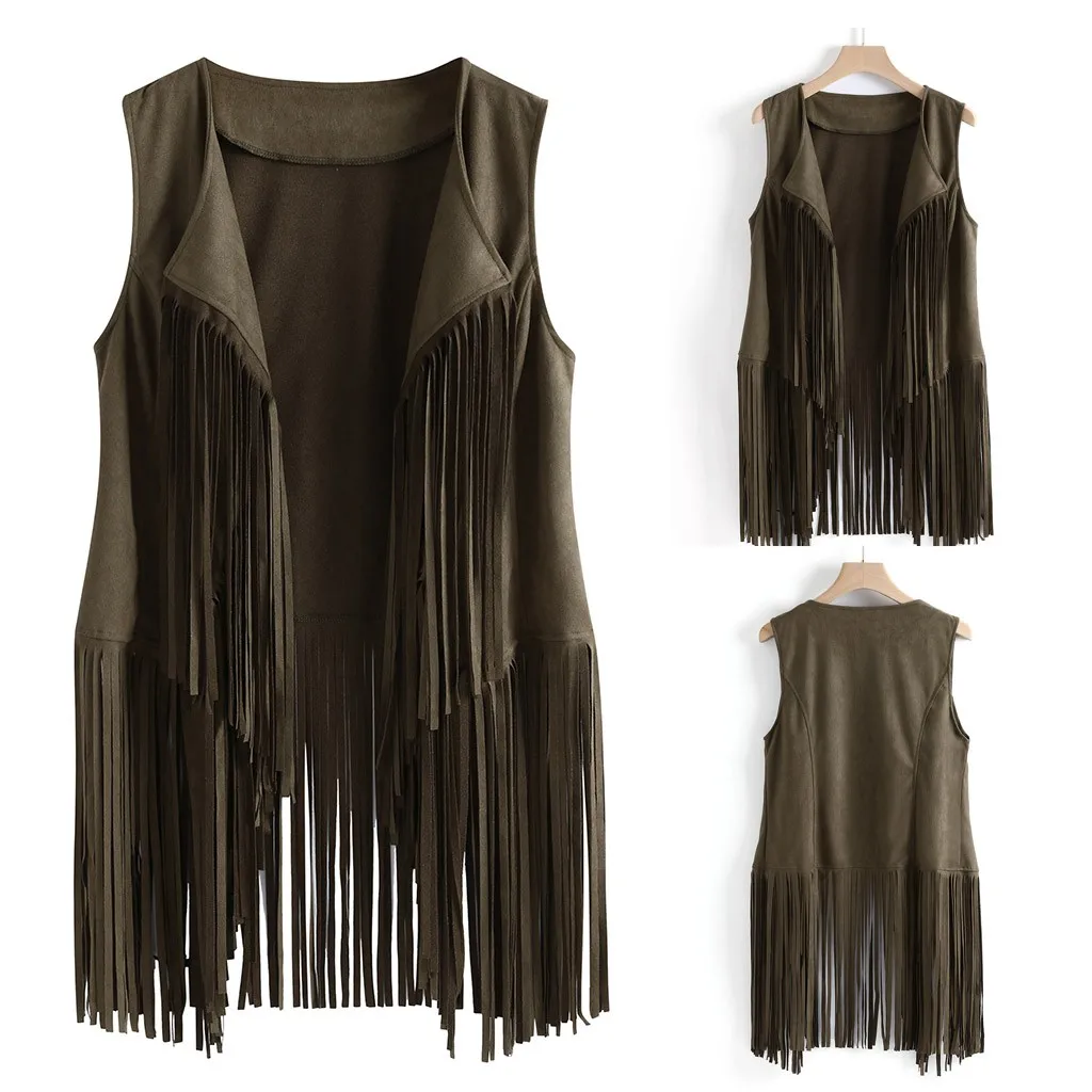 Women Autumn Winter Suede Ethnic Sleeveless Tassels Fringed Vest Cardigan