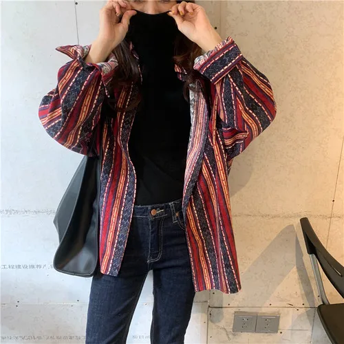 Новая весенняя модная Вельветовая блузка, Топы Harajuku, Раздвоенная женская рубашка, Необычные винтажные полосатые рубашки с длинными рукавами для женщин