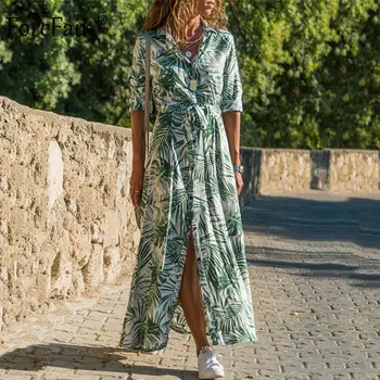 

Forefair Beach Dress Boho Floral Printed Tie Waist Summer Holiday Chiffon Long Sleeve Plus Size Slim Maxi Casual Dress Women