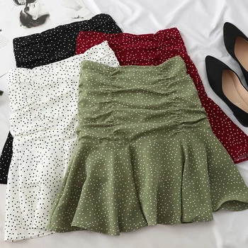 

Heliar Flounce Hem Elastic Waist High Waist A Line Skirt Casual Skirt Female Pleated Autumn Mid Skirt Solid Casual Cotton A Line