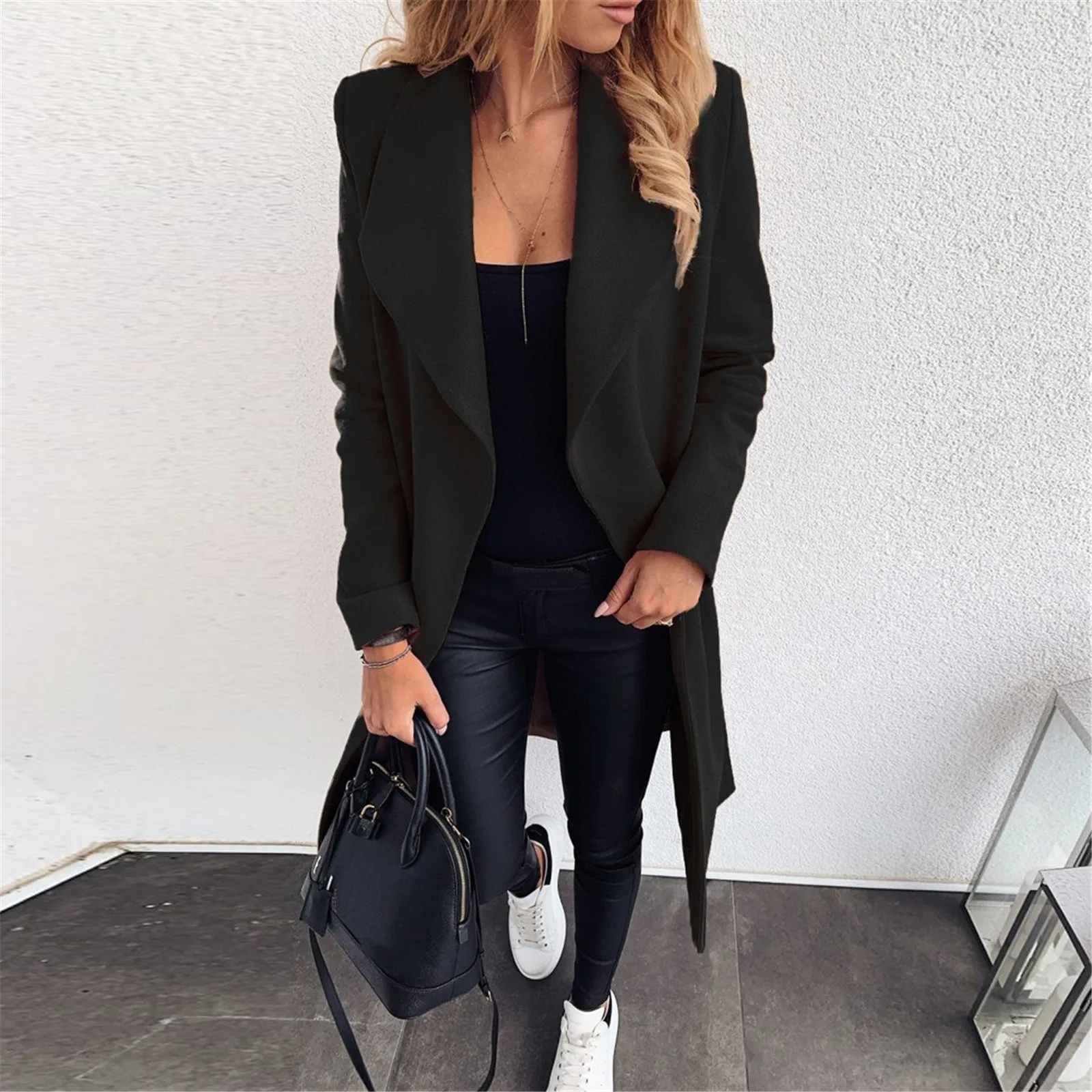 Women Elegant Long Wool Coat With Belt Solid Color Long Sleeve Chic Outerwear Ladies Overcoat Autumn Winter 2021 2
