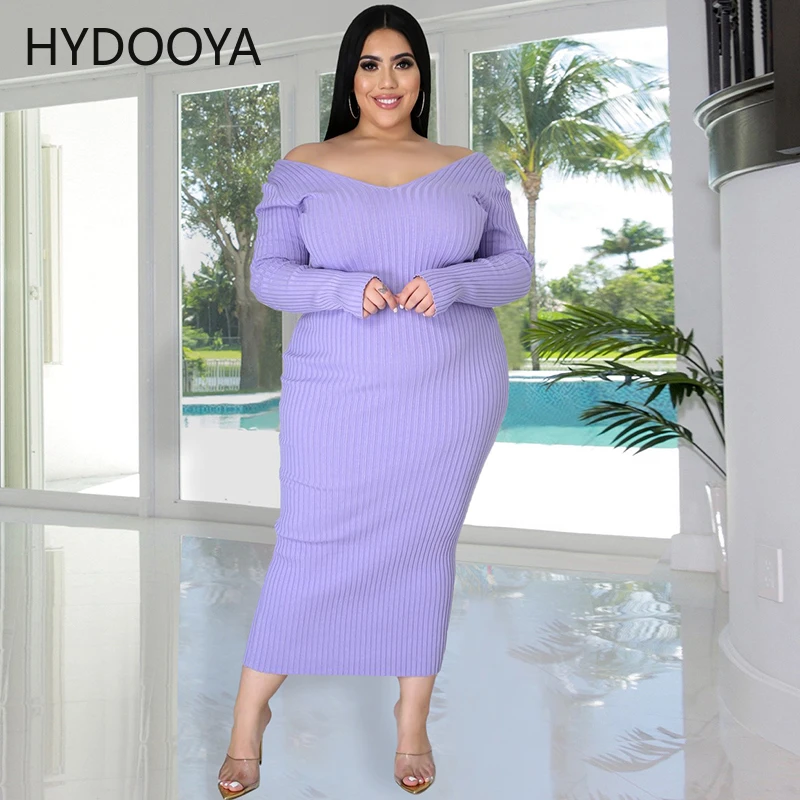 Plus Size Ribbed Knitted Dresses Women Clothing Solid Deep V Neck Long Sleeve Backless Mid Calf Dress Hot Dropshipping Wholesale