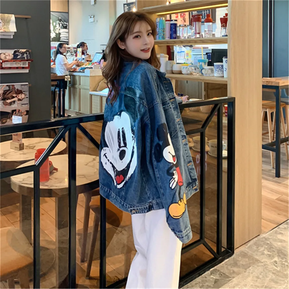 

OLOME 2019 Autumn Winter Harajuku Long Sleeve Denim Jacket Women Mouse Print Coat Vestidos Jacket Woman One Size Mouse Clothes