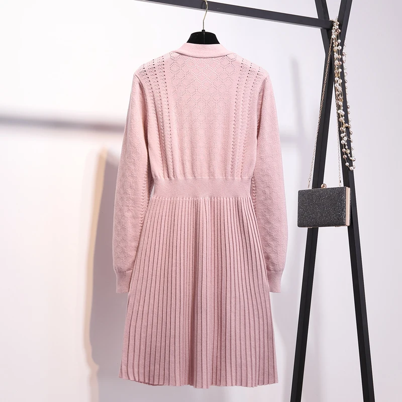 Autumn Women Pink Bow Tie Collar Sweater Dresses Plus Size Mini Knitted Dress Female Pullover Pleated Dress Vestidos 3XL