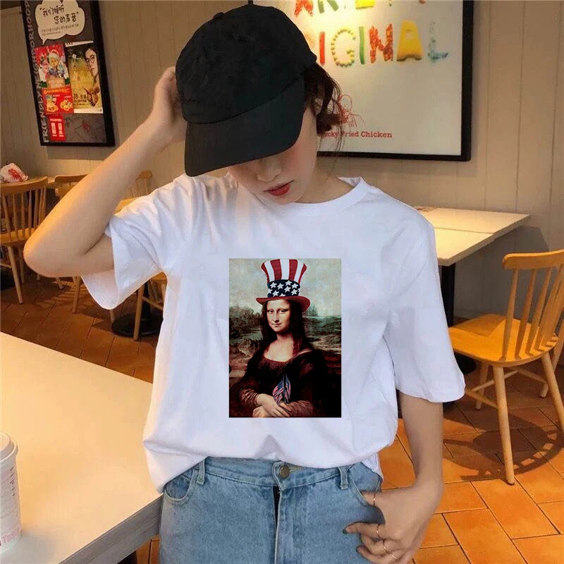 2020 Fashion Women Harajuku Change Mona Lisa Face Printed T Shirt Casual Short Sleeve Women's T-shirt Soft Female T shirt