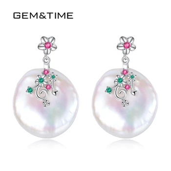 

Gem&Time Vintage Natural Pearls Hanging Earrings 100% 925 Sterling Silver Pattern CZ Drop Earrings Women's Fine Silver Jewelry