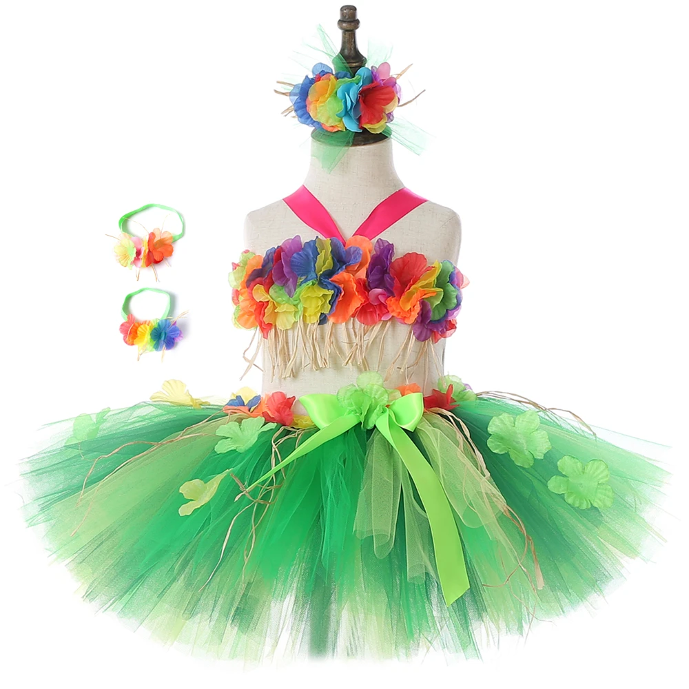 

Hawaii Hula Flowers Girls Tutu Skirt Set Fluffy Children Kids Carnival Birthday Party Skirt Outfits Girls Performance Costumes