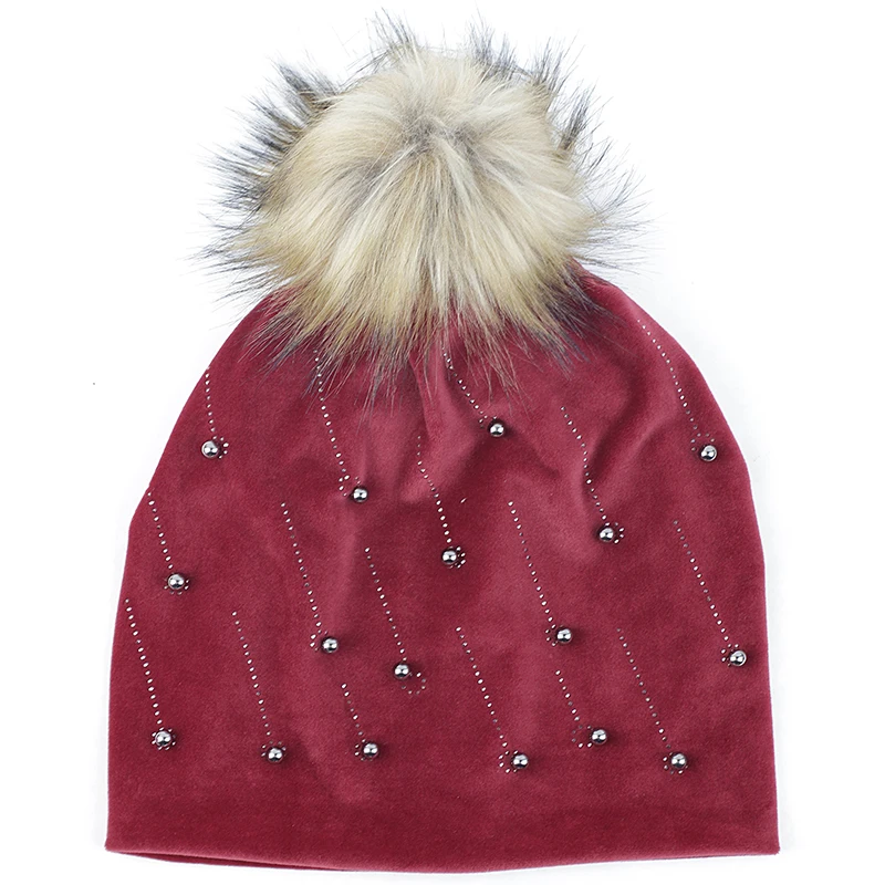 dark red 16 Женская модная перламутровая шапка для взрослых, шапка с 15 см искусственным меховым помпоном, шапка с черепом для женщин и девочек, зимняя теплая мягкая женская шапка s - Цвет: dark red 16