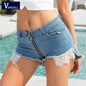 

Vangull Western style Sexy Denim hot shorts Women Club style 2020 Summer New High waist shorts Chic Lace Zipper Frayed shorts