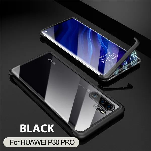 Магнитный чехол P30 для huawei P30 Pro, чехол, Безрамное металлическое стекло P30Pro, задняя крышка, прозрачный чехол P30, чехол для huawei P30 Pro Funda - Цвет: Black