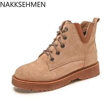 

2020 Autumn and Winter Flat Chunky Heel round Toe Cotton Boots Retro British Large Size Motorcycle Boots Trendy Platform Bootie