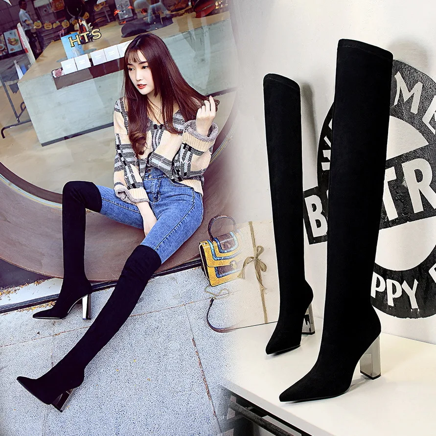 Женские сапоги; botas mujer invierno; сапоги до колена; Замшевые Сапоги выше колена с острым носком на высоком металлическом каблуке 10 см; квадратный каблук; 3128-6