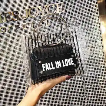 

Transparent Square PU Handbag Fashion Female Rivets Messenger Bag Chain Hand Bag luxury PVC Metal ring Transparent Gel Bag