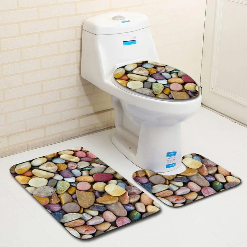 

3pcs/1 Set Carpet Bathroom 3D Stone Printing Non-Slip Bath Mat Doormats Decor Toilet Seat Cover Rug
