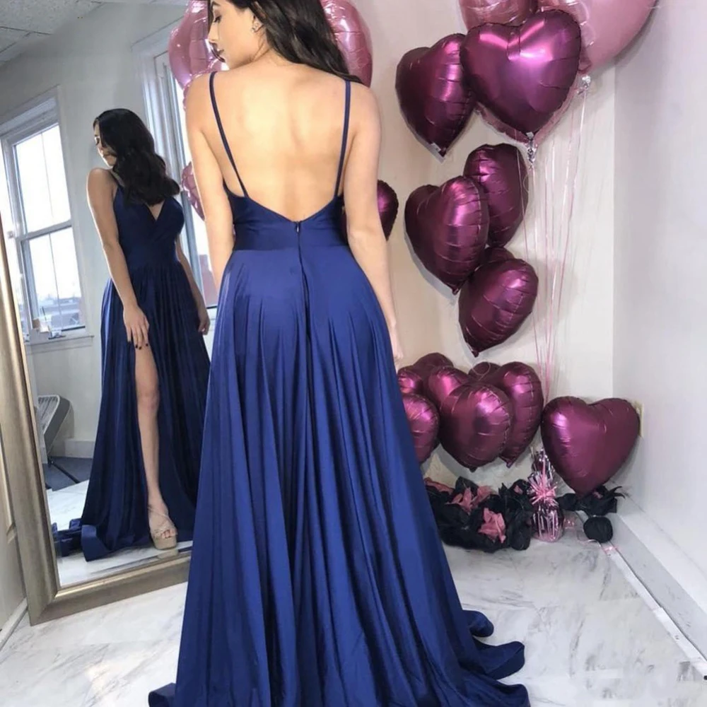 blue prom dresses Spaghetti V Neck A Line Long Prom Dress With Side Split Open Back Floor Length Formal Evening Gowns Wedding Guest Dress cheap prom dresses