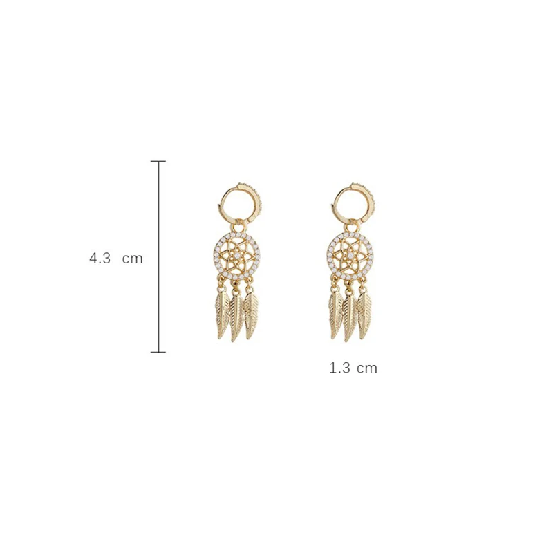 Fancy Hollow Dream Catcher Leaf Feather Shiny Crystals Drop Dangle Earrings For Women Party Jewelry Korean Hanging CZ Earrings