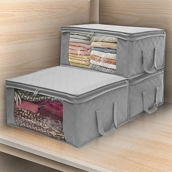 

Foldable Clothes Quilt Blanket Bamboo Storage Bag Charcoal Organizer Zipper Boxes Strong And Thickened Handles