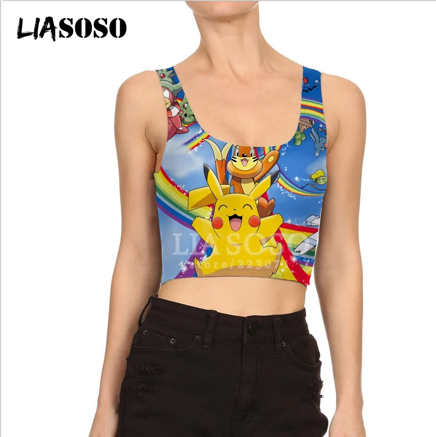 

LIASOSO Women 3D Print Anime Pokemon Pikachu Ash Ketchum Vest Sexy Cropped Tank Top Girl Sleeveless Corset Fitness Tops A277-01