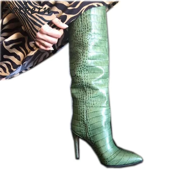 

Sorbern Vintage Knee High Boots Wide Ankle High Heel Women Shoes Pointed Toe Crocodile Python Stilettos Snake Boot Multi Colors