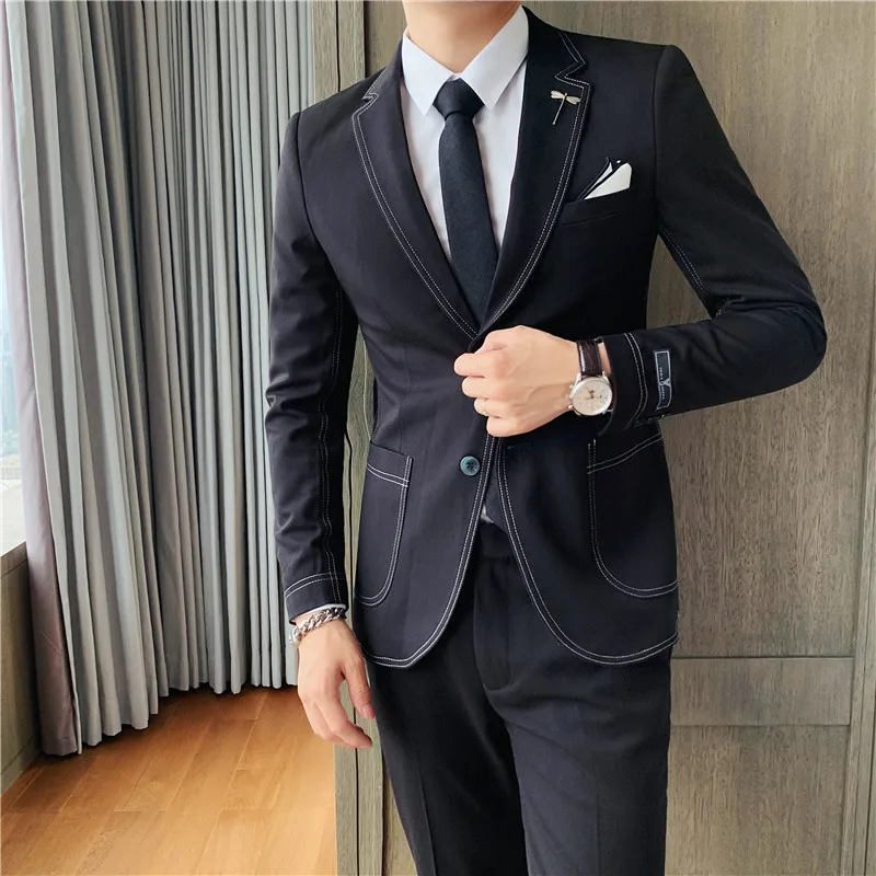 

2020Autumn/winter men's suit two-piece Korean slim suit suit with open embroidery hôte scène affaires fête Banquet Costume noir