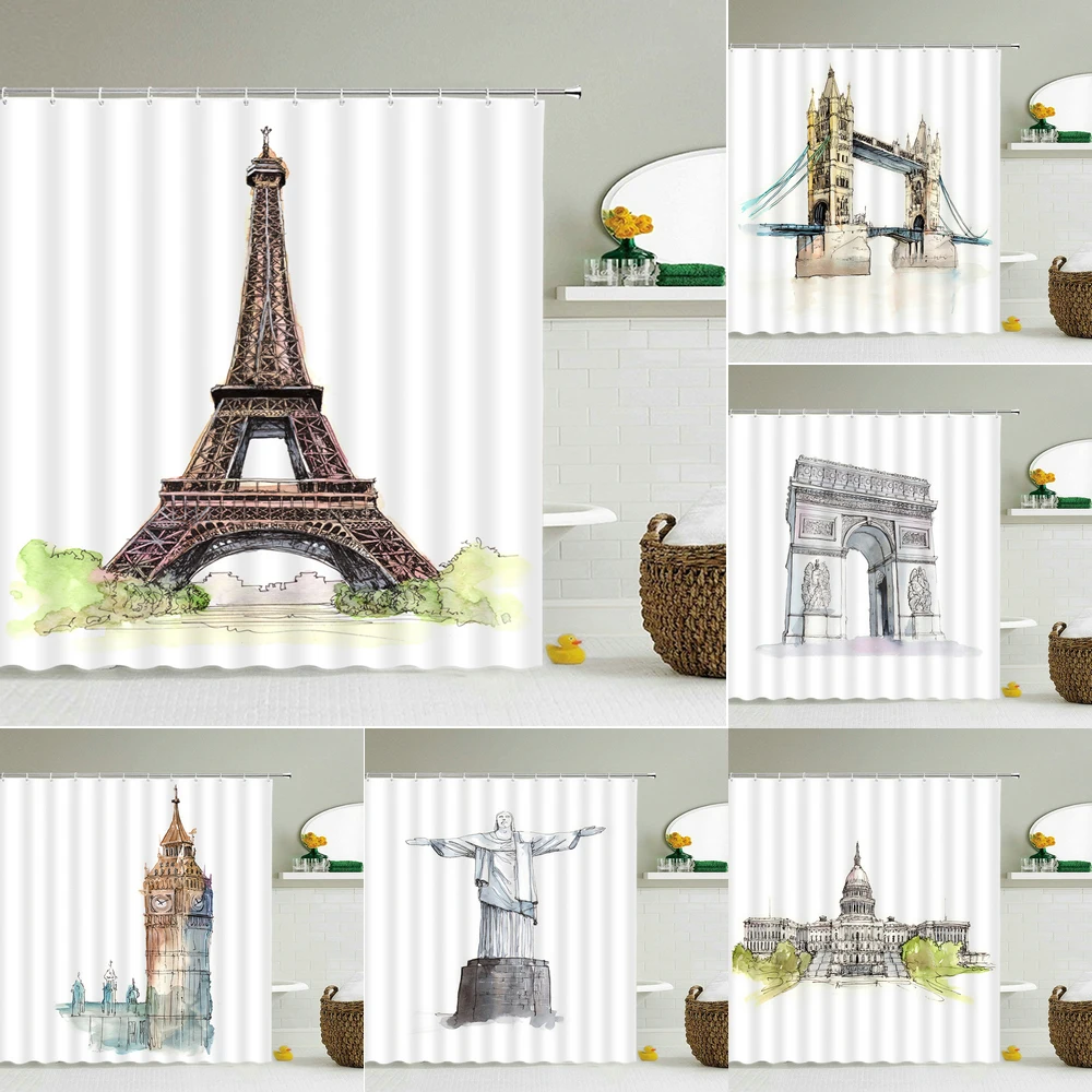 

Waterproof Fabric Shower Curtains Paris Tower,London Bridge ,Arc de Triomphe Bathroom Large 240X180 3D Print Decor Wall Curtain