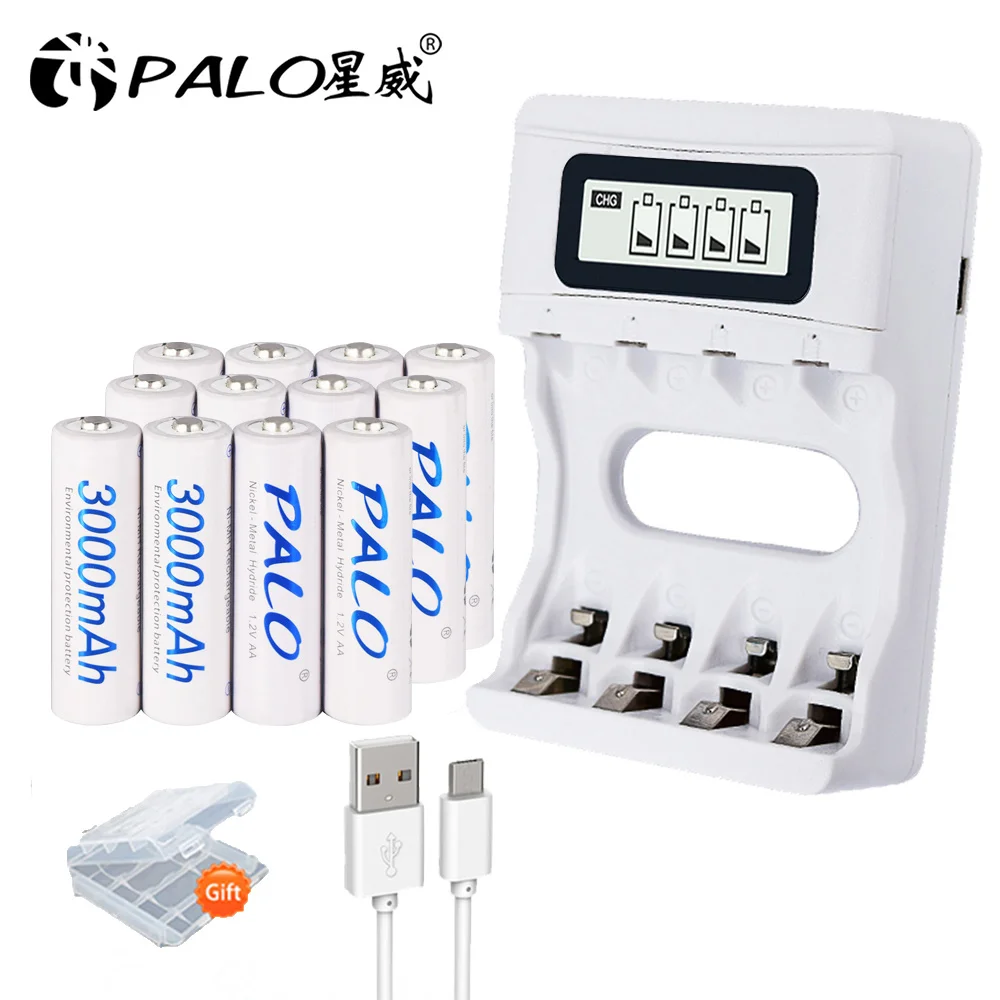 

PALO 12pcs AA 2A 3000mAh NI-MH NIMH rechargeable battery high capacity current + intelligent USB fast charging LCD AA charger