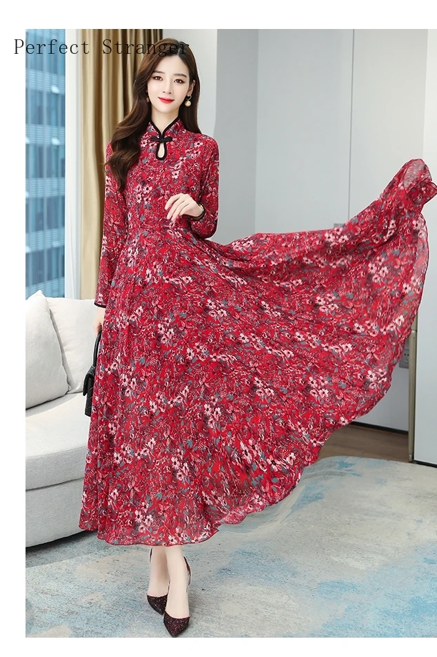 2021 Spring New Arrival Stand Collar Flower Printed Long Sleeve Plus Size M-4XL Women Long Dress High Quality