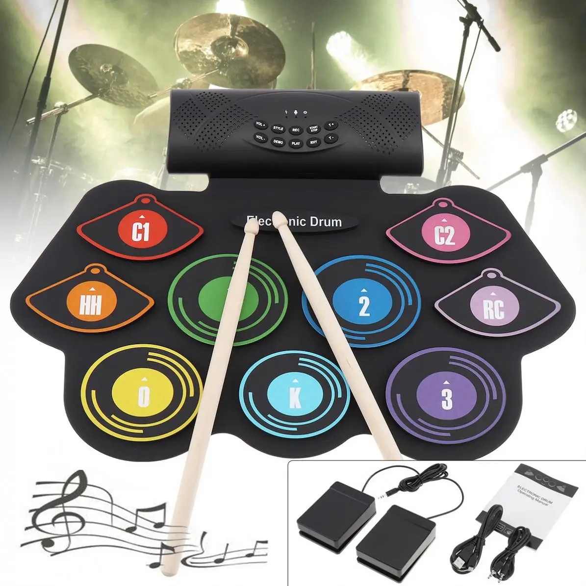 

9 Pads Electronic Roll up Silicone Drum Double Speakers Stereo Electric Drum Kit Support USB MIDI Drumsticks Electronic Drums