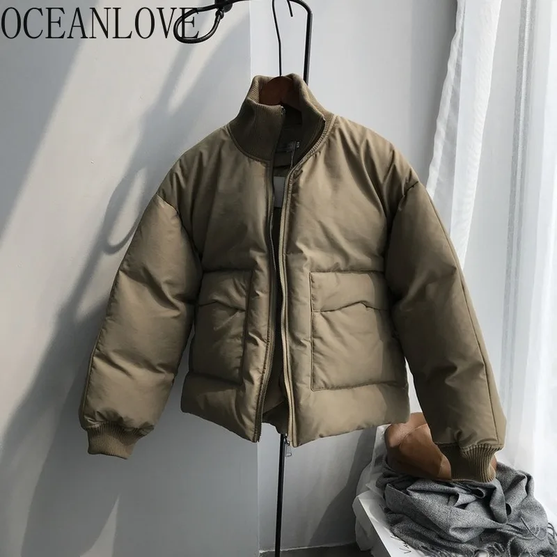 

OCEANLOVE Stand Collar Solid Parkas Zipper Vintage Short Winter Coat Women 2019 Chic Korean Warm Thick Female Jacket 13052