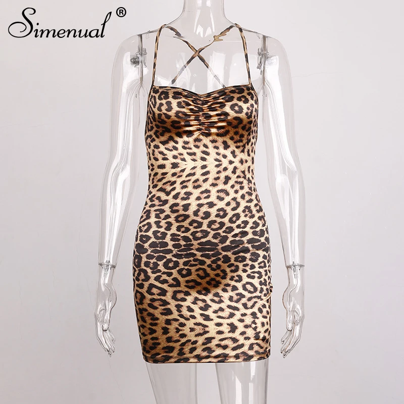 leopard Simenual леопардовое сексуальное мини-платье с открытой спиной и перекрещивающимися крест-накрест, женские вечерние Клубные платья без рукавов, модные обтягивающие облегающие платья - Цвет: leopard