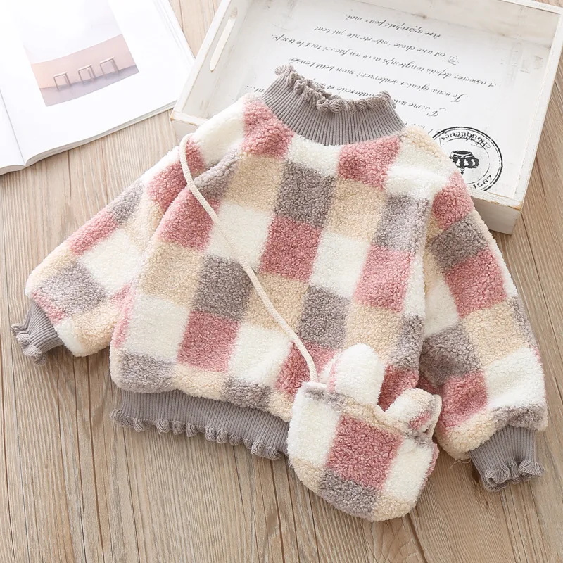 Детский плюшевый клетчатый свитер, зимний толстый теплый плюшевый пуловер с высоким воротником для девочек+ сумка с милыми заячьими ушками