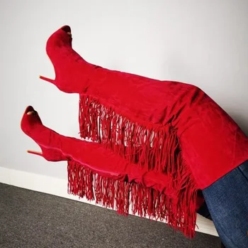 

Stylish Red Suede Fringe Over The Knee Boot Peep Toe Tassel Tight High Boot High Heel Zipper Women Dress Shoes High Tall Boot